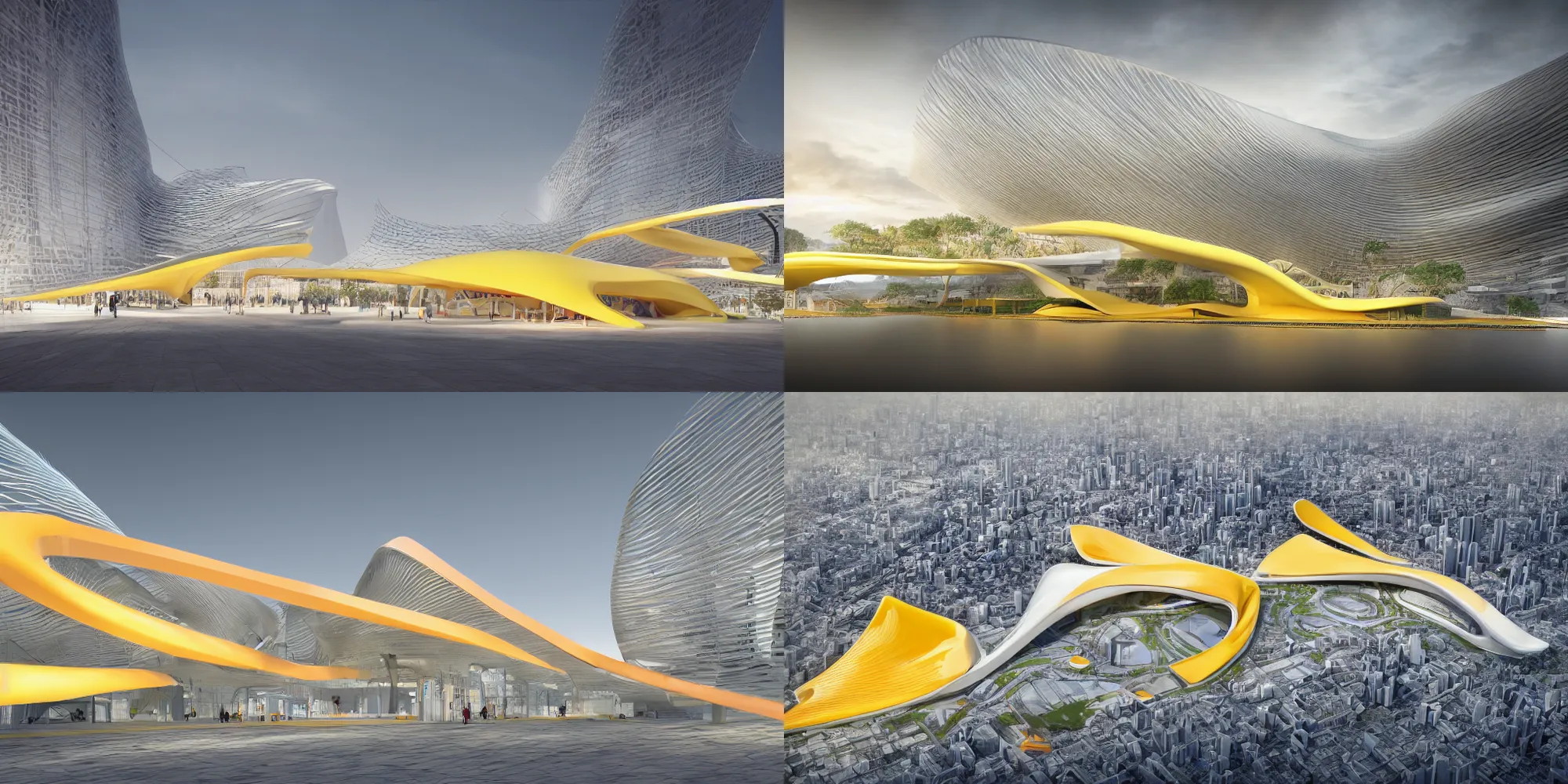 Prompt: a beautiful hyper realistic photograph, octane render, architectural render of metabolism japanese, by norman foster + zaha hadid, extremely detailed, chartpak ad markers, pastel color, yellow and orange color scheme, 8 k,