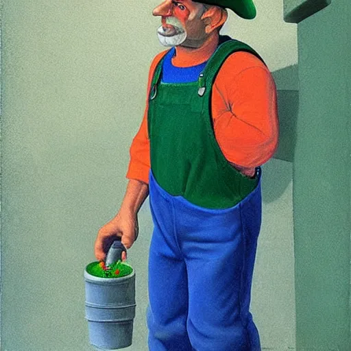 Image similar to an italian plumber emerges from a green pipe wearing blue overalls by Raphael, Hopper, and Rene Magritte. detailed, romantic, enchanting, trending on artstation.