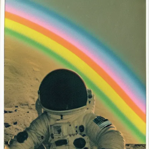 Image similar to polaroid of an astronaut sitting on the moon and watching rainbow nuclear explosion on the earth