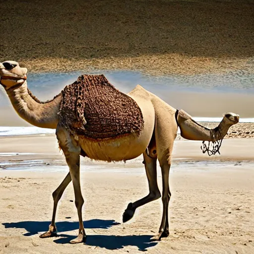 Prompt: a three legged camel at the seaside