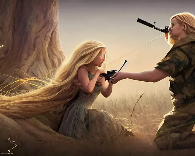 Image similar to disney princess with long blonde hair versus m 9 0 sniper rifle : : weta disney pixar movie still photo : : hi - fructose, decadent highly - detailed digital painting, golden ratio, octane render, artstation, smooth, sharp focus, artgerm, mucha, loish, wlop