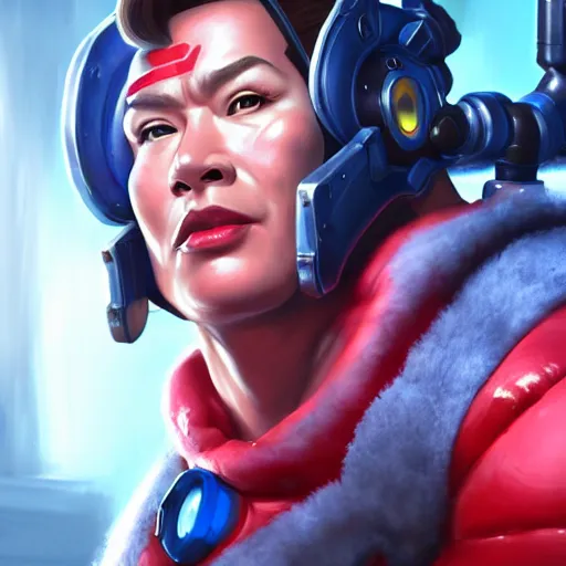 Image similar to a screenshot of arnold schwarzenegger as mei shooting frost gun in overwatch, portrait, fantasy, beautiful face, vivid colors, elegant, concept art, sharp focus, digital art, hyper - realistic, 4 k, unreal engine, highly detailed, hd, dramatic lighting by brom, trending on artstation