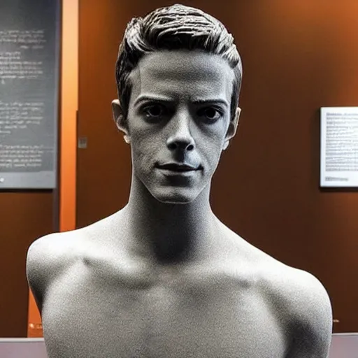 Prompt: “a realistic detailed photo of a guy who is an attractive humanoid who is half robot and half humanoid, who is a male android, actor Grant Gustin, shiny skin, posing like a statue, blank stare, at the museum, on display”