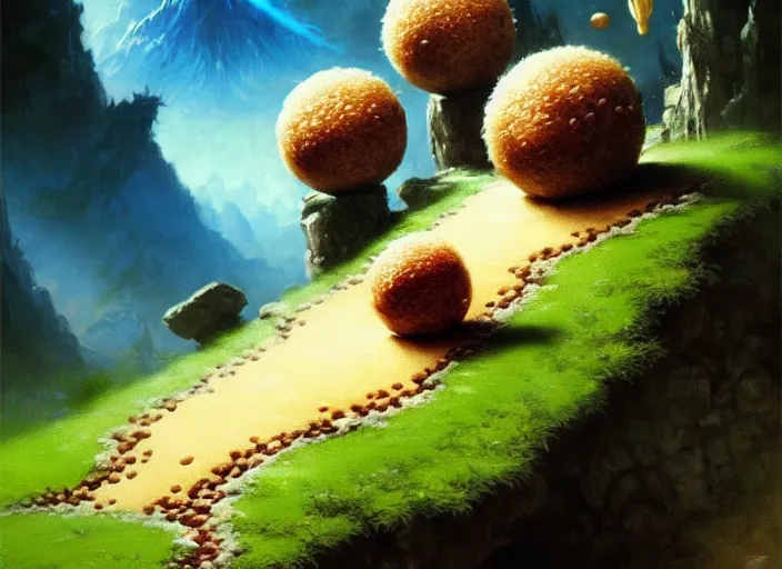 Prompt: magic : the gathering fantasy concept art of cute riceballs bouncing down a mountain path, by franz frazetta, high resolution, rice granules scattered all around, balls of rice, bouncing, fantasy coloring, intricate, digital painting, artstation, smooth, sharp focus