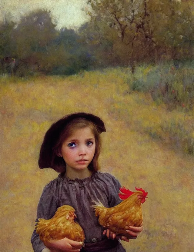 Image similar to portrait of little peasant girl holding a chicken, cottage core, cinematic focus, polaroid photo bleached vintage pastel colors high - key lighting, soft lights, foggy, by steve hanks, by lisa yuskavage, by serov valentin, by tarkovsky, 8 detailed, oil on canvas