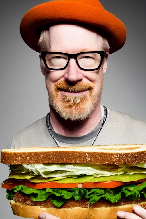 Prompt: 📷 portrait of adam savage the sandwich, mythbusters, made of food, still image, dynamic lighting, 4 k