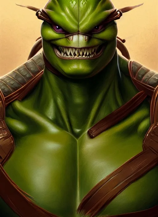 Prompt: portrait of aggressive leonardo from teenage mutant ninja turtle, d & d, muscular! turtle shell in the back!, fantasy, intricate, elegant, highly detailed, green skin!, digital painting, artstation, concept art, smooth, sharp focus, illustration, art by artgerm and greg rutkowski and alphonse mucha