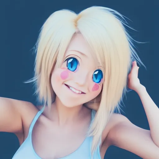 Prompt: beautiful hyperrealism selfie of a cute 3 d anime young woman smiling smugly, long light platinum blonde hair, flushed face, heart - shaped face, cute freckles, light blue eyes, golden hour, 8 k, instagram