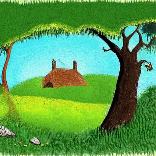 Prompt: a cave drawing of a beautiful cottage, with a lush grass lawn, featuring a tree in the style a cave drawing on a cave wall