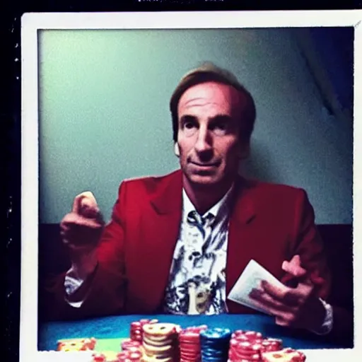 Image similar to 80s Polaroid flash photo, Saul Goodman playing poker with the taliban