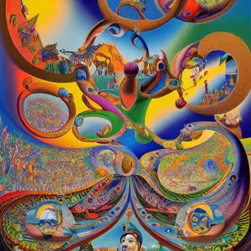 Prompt: a highly detailed intricate and brightly colored painting by Jackson Pollack and Bosch and Dali and MC Escher, exquisite, masterpiece, apotheosis, 4K, very detailed