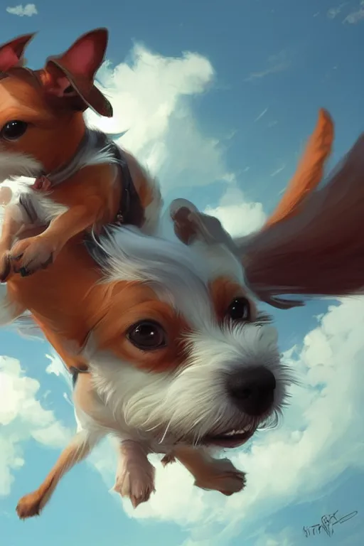 Image similar to adorable jack russel terrier jumping in the air, wide angle fantasy art, artstation character design contest winner, trending on cgsociety, concept art, speedpaint, beautiful digital art, jesper ejsing, james jean, justin gerard, fenghua zhong, makoto shinkai, highly detailed