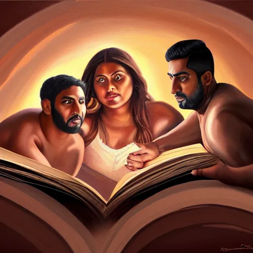 Image similar to a painting of three brown men and a brown woman emerging out of a giant open book, hyperrealistic faces, detailed digital art, aesthetic!, trending on artstation, anatomically correct