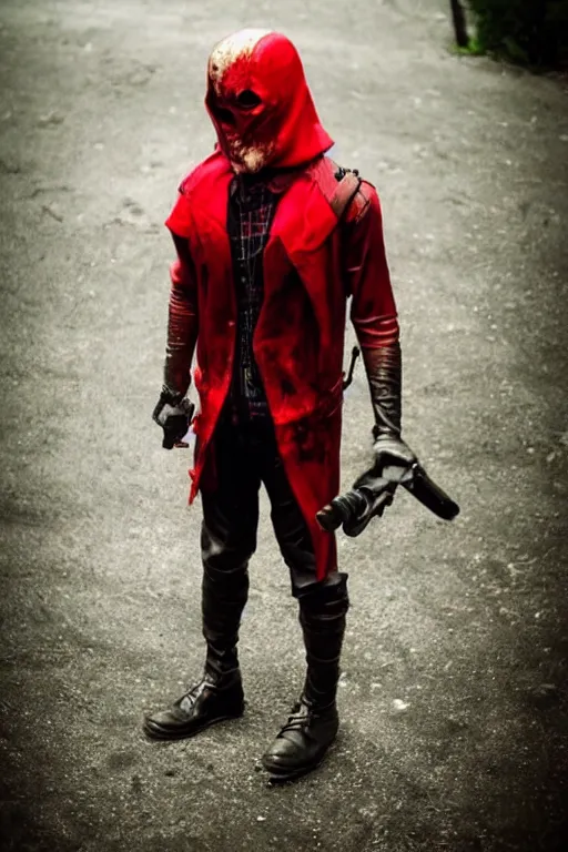 Image similar to red hood cosplay, creepy, disturbing, bloody, darkness, grainy