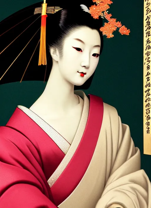 Prompt: glamorous young Geisha closeup portrait, beautiful pale makeup, pearlescent skin, elegant pose, very detailed, highly detailed kimono, photorealism, sharp focus, soft diffuse autumn lights, some sunlight ray, zen temple background, painted by Leonardo da vinci and moebius
