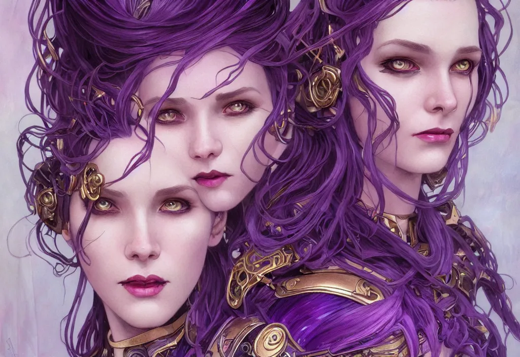 Image similar to close up portrait vampire with purple hair in sci - fi bionic armor, highly detailed, very intricate, art nouveau, gold filigree, romantic storybook fantasy, soft cinematic lighting, award - winning, disney concept art watercolor illustration by mandy jurgens and alphonse mucha and alena aenami, pastel color palette, featured on artstation