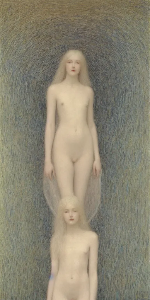 Prompt: Say who is this with silver hair so pale and Wan and thin? Beautiful lone single feminine angel in the style of Jean Delville, Lucien Lévy-Dhurmer, Fernand Keller, Fernand Khnopff, oil on canvas, 1896, 4K resolution, aesthetic, mystery