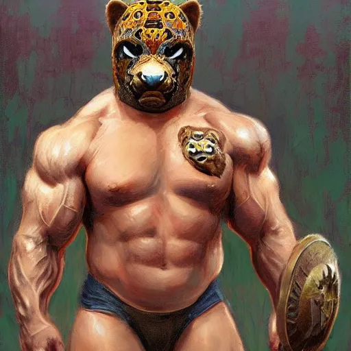 Image similar to Buff wrestler wearing a jaguar mask, character portrait art by Donato Giancola, Craig Mullins, digital art, trending on artstation