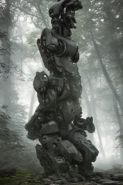 Prompt: A large robot stone statue in the middle of a forest by Greg Rutkowski, Sung Choi, Mitchell Mohrhauser, Maciej Kuciara, Johnson Ting, Maxim Verehin, Peter Konig, final fantasy , 8k photorealistic, cinematic lighting, HD, high details, atmospheric,