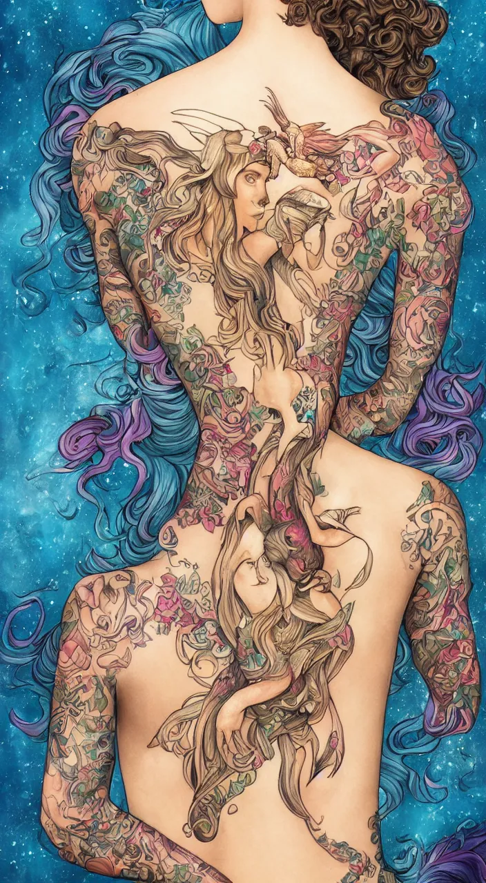 Image similar to beautiful woman looking over her shoulder, tattoo of unicorn mermaid and phoenix on her back, curly pixie hair, detailed, digital painting