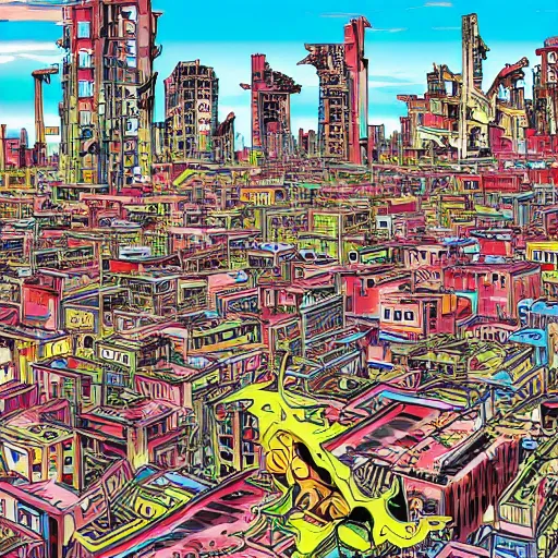 Image similar to The Stalingrad ruins | Colorfull pop art | art by Hirohiko Araki | Hirohiko Araki | Anime wallpaper | funky | colorful | cityscape | destroyed buildings | Stalingrad ruins | digital art