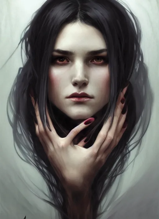 Prompt: long face, sharp features, girl, portrait, devil smile, grey eyes, black hair, dark cloak, dnd, art by artgerm and greg rutkowski and alphonse mucha, trending on artstation, cinematic light, pastel colors, volumetric shading, high radiosity dull skin, global illumination, radiant light, soft light, soft color dodge, subsurface scattering