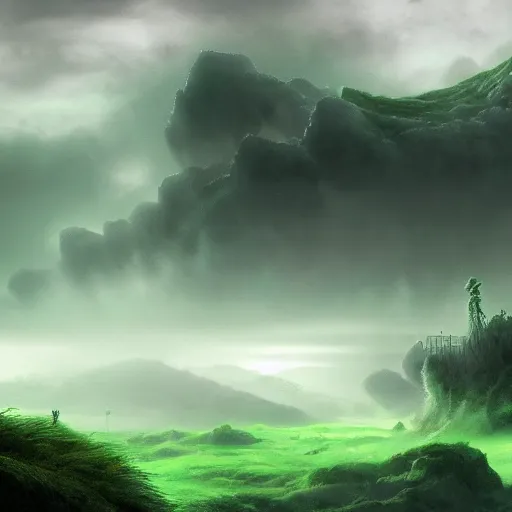 Prompt: roiling green fog clouds, artstation fantasy landscapes
