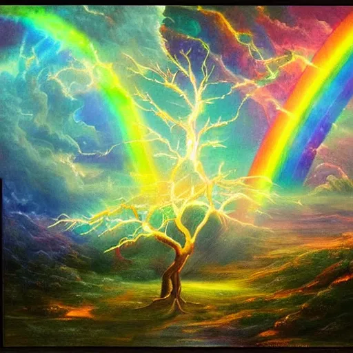 Image similar to the ghost of the world tree radiates rainbow light into the dark cosmos, epic painting, romanticism, atmospherics