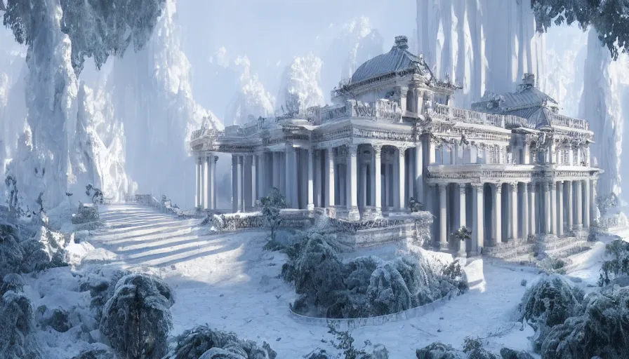 Image similar to Large bright white palace with columns and a large garden on a snowy mountain, hyperdetailed, artstation, cgsociety, 8k