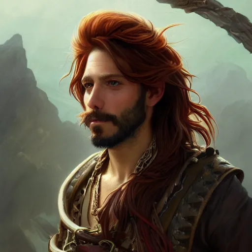 Image similar to portrait of a young pirate, 30 years old, male, rugged, masculine, handsome, upper body, red hair, long hair, D&D, fantasy, intricate, elegant, highly detailed, cinematic lighting, digital painting, artstation, concept art, cutscene, sharp focus, illustration, art by Artgerm and Greg Rutkowski and Alphonse Mucha