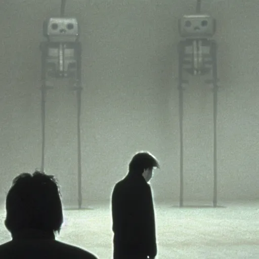 Prompt: a man and a robot, moment of jealousy, movie still, Movie by Andrzej Zulawski and David Lynch