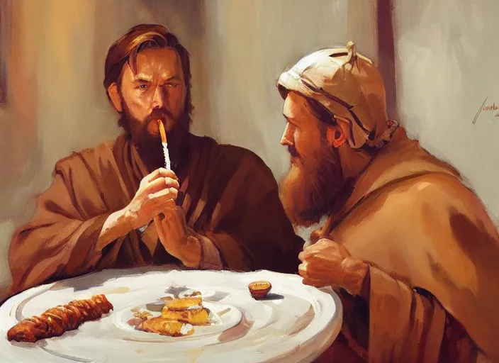 Image similar to a highly detailed beautiful portrait of obi - wan kenobi eating only one cannoli, by gregory manchess, james gurney, james jean