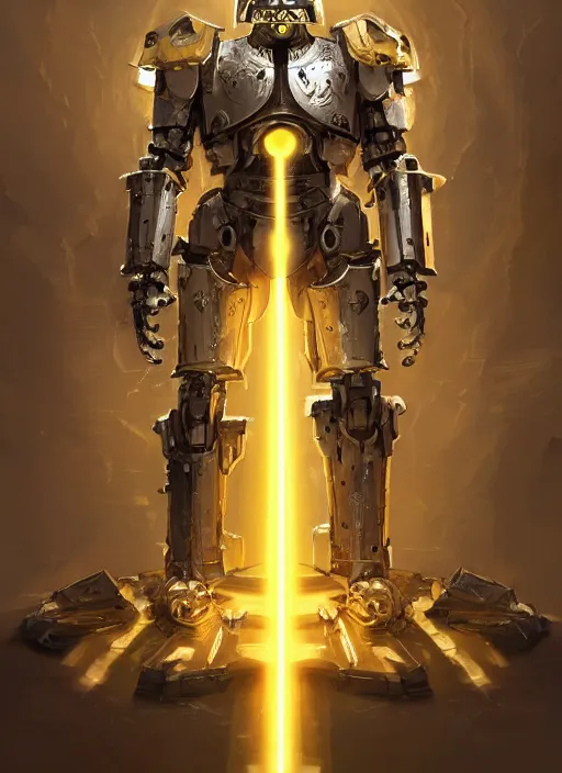 Image similar to full body, dynamic attack position abstract portrait of a intricate glorious holy mechanical warforged character in yellow armor holding a paladin engraved great longsword drawn and carrying a big paladin shield, glowing eye, face in focus, pit droid, epic , trending on ArtStation, masterpiece, cinematic lighting, by Ross Tran and by Greg Rutkowski