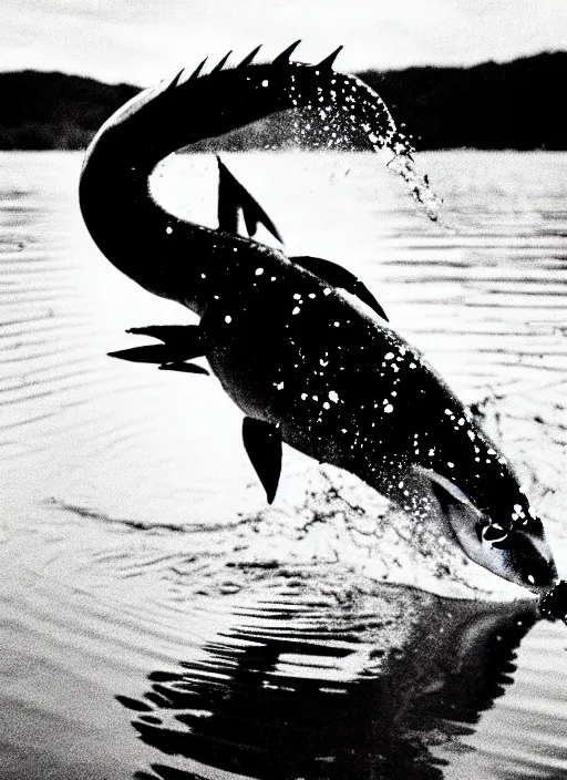 Prompt: a real life gyarados swimming in a lake, proof photograph, black and white, blurry, old camera, grainy, in motion