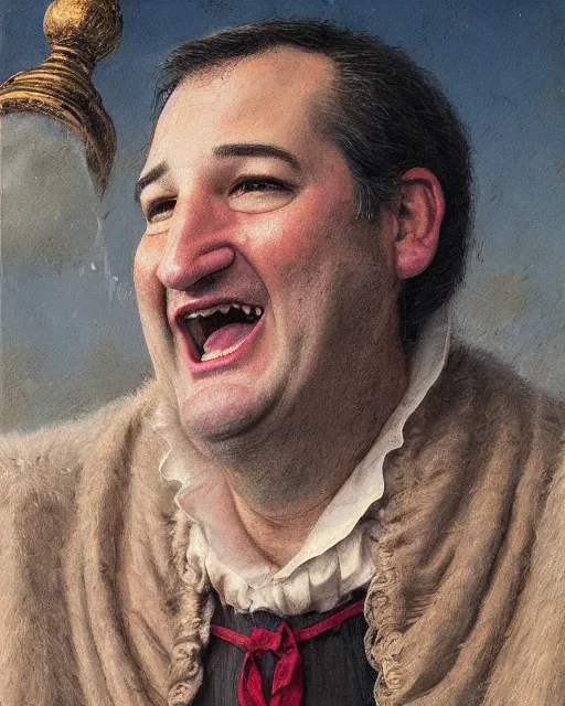 Prompt: closeup portrait of whimsical ted cruz speaking at a convention, court jester in renaissance era, masterpiece, by donato giancola and greg rutkowski and wayne barlow and zdzisław beksinski, high contrast, realistic face