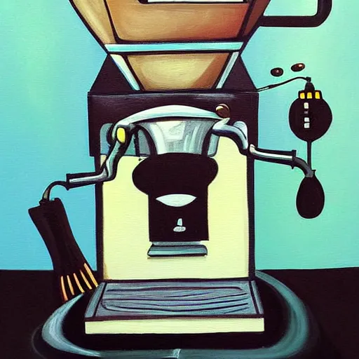 Prompt: a painting of demon espresso machine that makes coffee from human souls