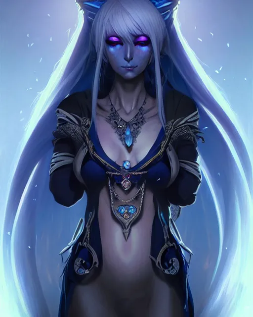 Image similar to portrait of an anime female drow necromancer, hd, illustration, epic, d & d, fantasy, intricate, elegant, highly detailed, digital painting, artstation, concept art, smooth, sharp focus, illustration, art by artgerm and greg rutkowski and alphonse mucha, monster hunter illustrations art book