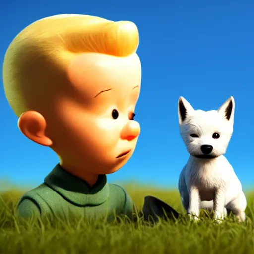 Image similar to tintin and his tiny white fox terrier, depicted as a pixar character, high quality cg render, 8 k