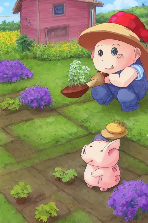 Image similar to cute little piggy with a gardening hat doing some gardening on a summer day, chibi, cute, adorable, studio ghibli trending on artstation, pixiv, Deviantart, HD, golden ratio, rule of thirds