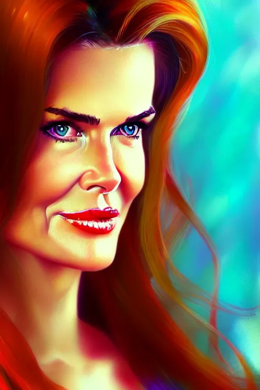 Image similar to portrait of a mix of beautiful young maria shriver, mariel hemmingway, brooke shields, nicole kidman and elle macpherson as a mermaid, thin lips, hair tied up in a pony tail, colorful artstation, cgsociety