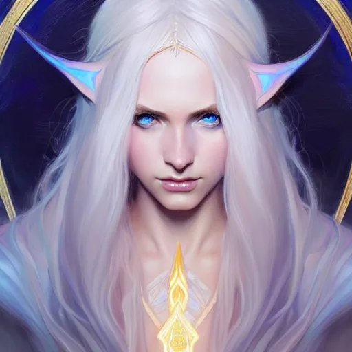 Image similar to half elf sorceress, D&D, blue eyes, blonde hair, fantasy, intricate, elegant, highly detailed, digital painting, artstation, concept art, smooth, sharp focus, illustration, art by artgerm and greg rutkowski and alphonse mucha