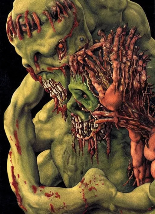 Image similar to Michelangelo painting of a disgusting vile zombie monster eating a man, cult horror, kitchen inspired by The Thing, by Cronenberg and greg nicotero