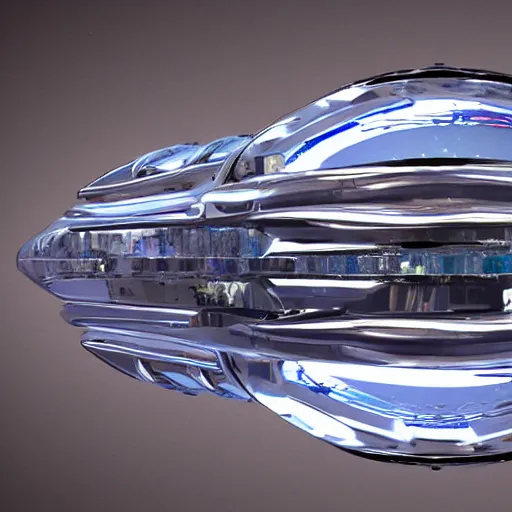 Prompt: Futuristic spaceship made out of chrome, highly detailed, flying into the void of insanity