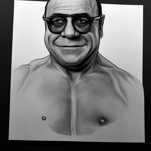 Prompt: full body black and white pencil sketch of a muscular Danny DeVito wearing glasses