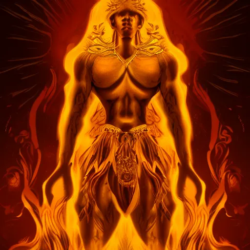 Image similar to a god made of golden fire, concept art, digital illustration