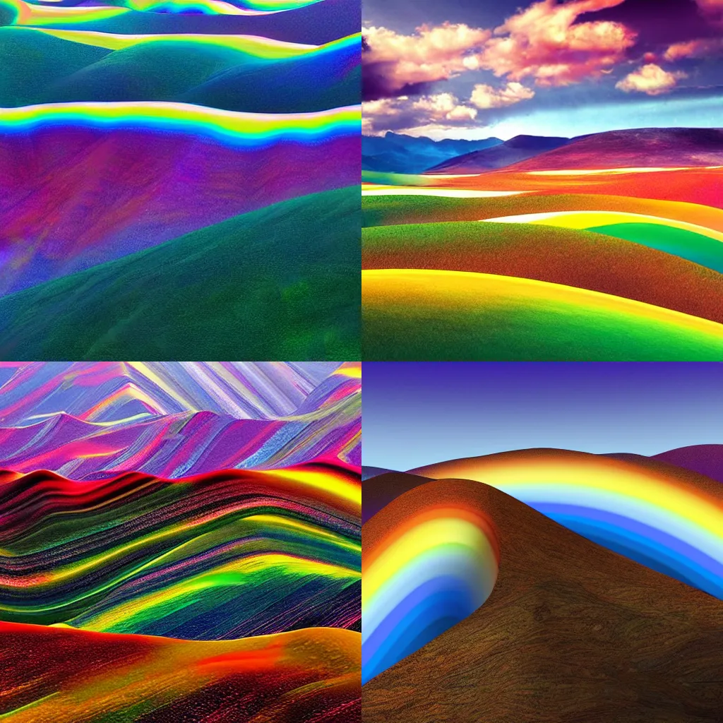 Prompt: vast landscape that looks like a horizontal rainbow layer cake which peaks at a tall mountain, digital art, cinematic lighting,