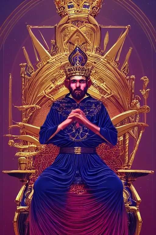 Image similar to the emperor tarot card, the crowned embodiment of male power holding the symbol of his power sits on a lavish throne ruling with wisdom and care, 8 k resolution digital painting, by alena aenami, by michael whelan, behance hd, trending on artstation deviantart