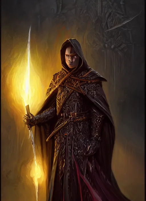 Image similar to dark black cloak male priest, ultra detailed fantasy, dndbeyond, bright, colourful, realistic, dnd character portrait, full body, pathfinder, pinterest, art by ralph horsley, dnd, rpg, lotr game design fanart by concept art, behance hd, artstation, deviantart, hdr render in unreal engine 5
