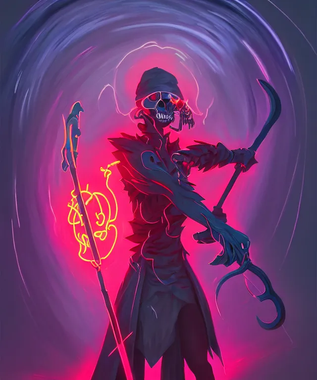 Image similar to a portrait of a neon grimm reaper holding a single scythe, fantasy, elegant, digital painting, artstation, concept art, matte, sharp focus, illustration, art by josan gonzalez