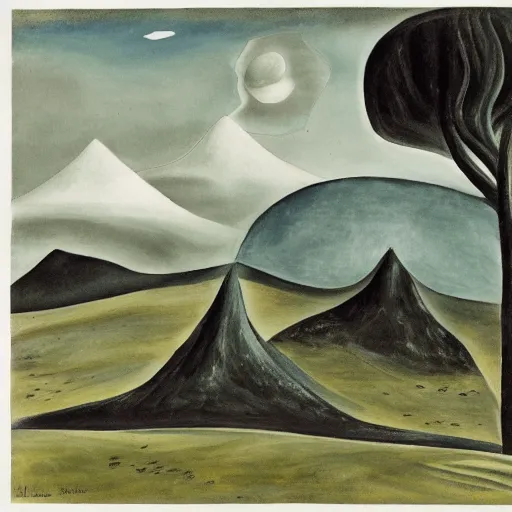 Prompt: A Landscape by Hilma af Klinti and Charles Addams